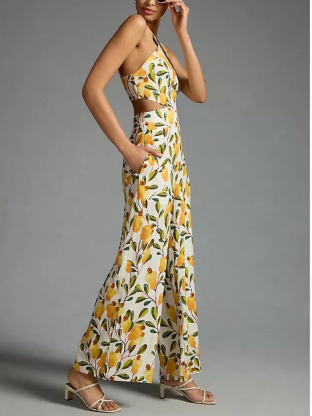 FARM Rio Pear Print Halter Cutout Linen Jumpsuit - Picture 2 of 8
